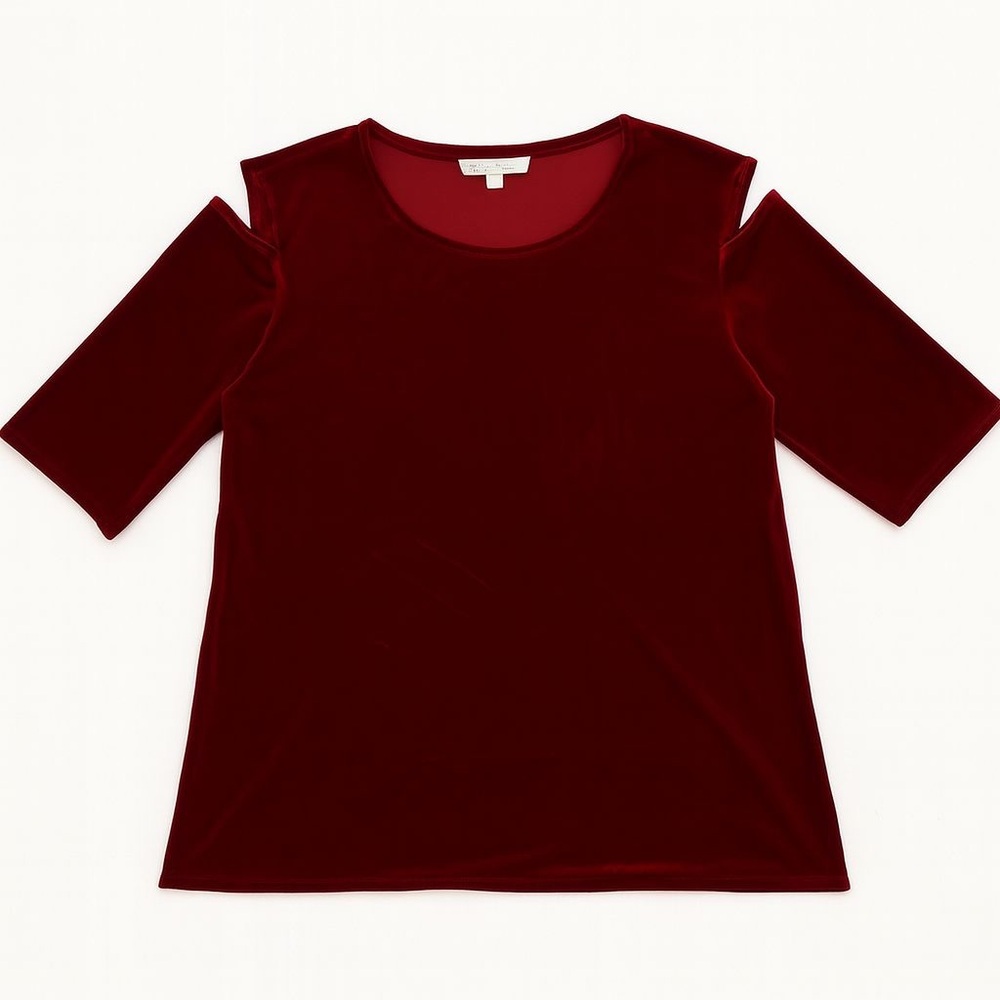 ❤️ Caroline Rose Women’s Velvet Cold Shoulder Top – Deep Red, Size L